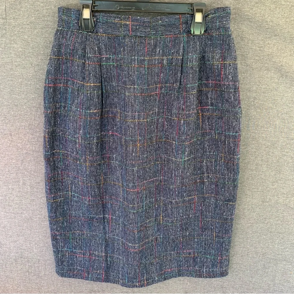 Vintage Classic Navy Tweed Pencil Skirt Women's Size 12 Made in USA 70s 80s Wool